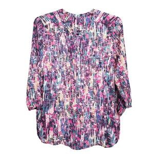NYDJ Multicolor Abstract Print Half Placket Pintucked 3/4 Sleeve Blouse Size XL